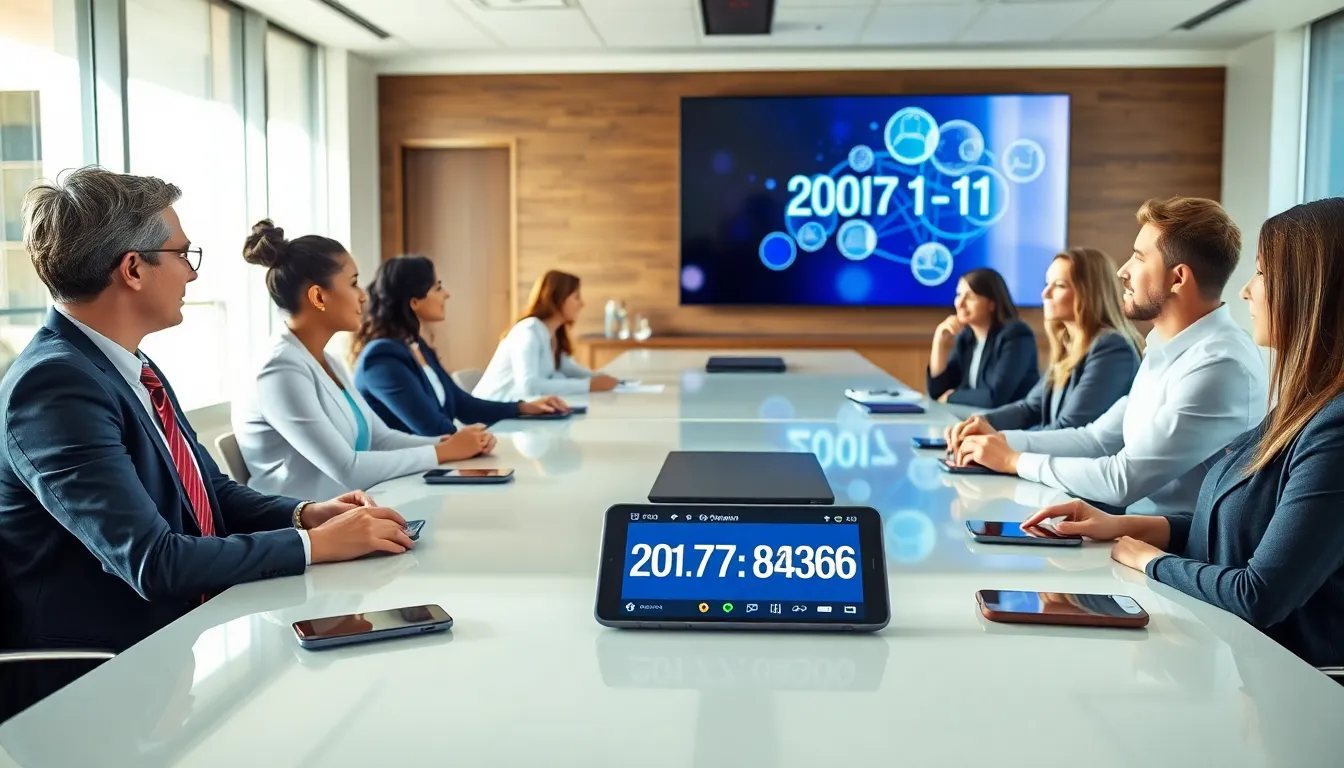 diverse professionals discussing in a modern office, featuring a phone number display.