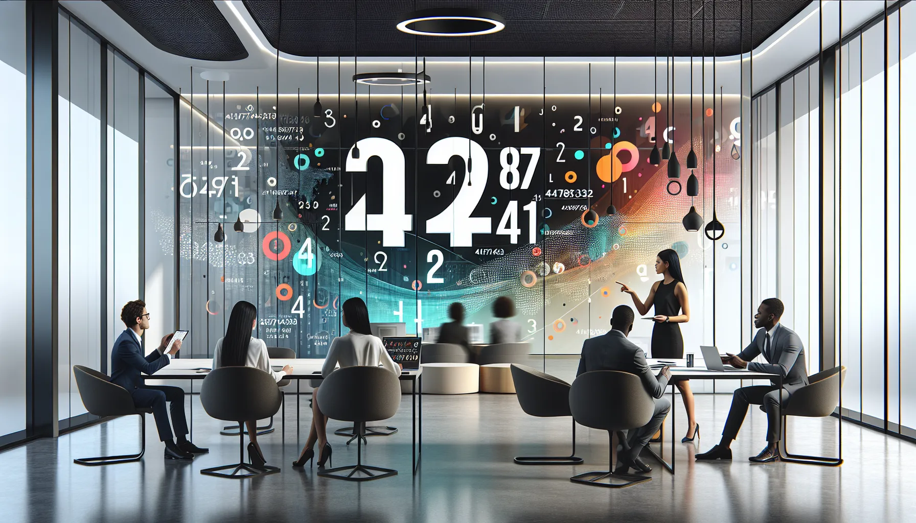 professionals discussing branding with numbers in a modern office.