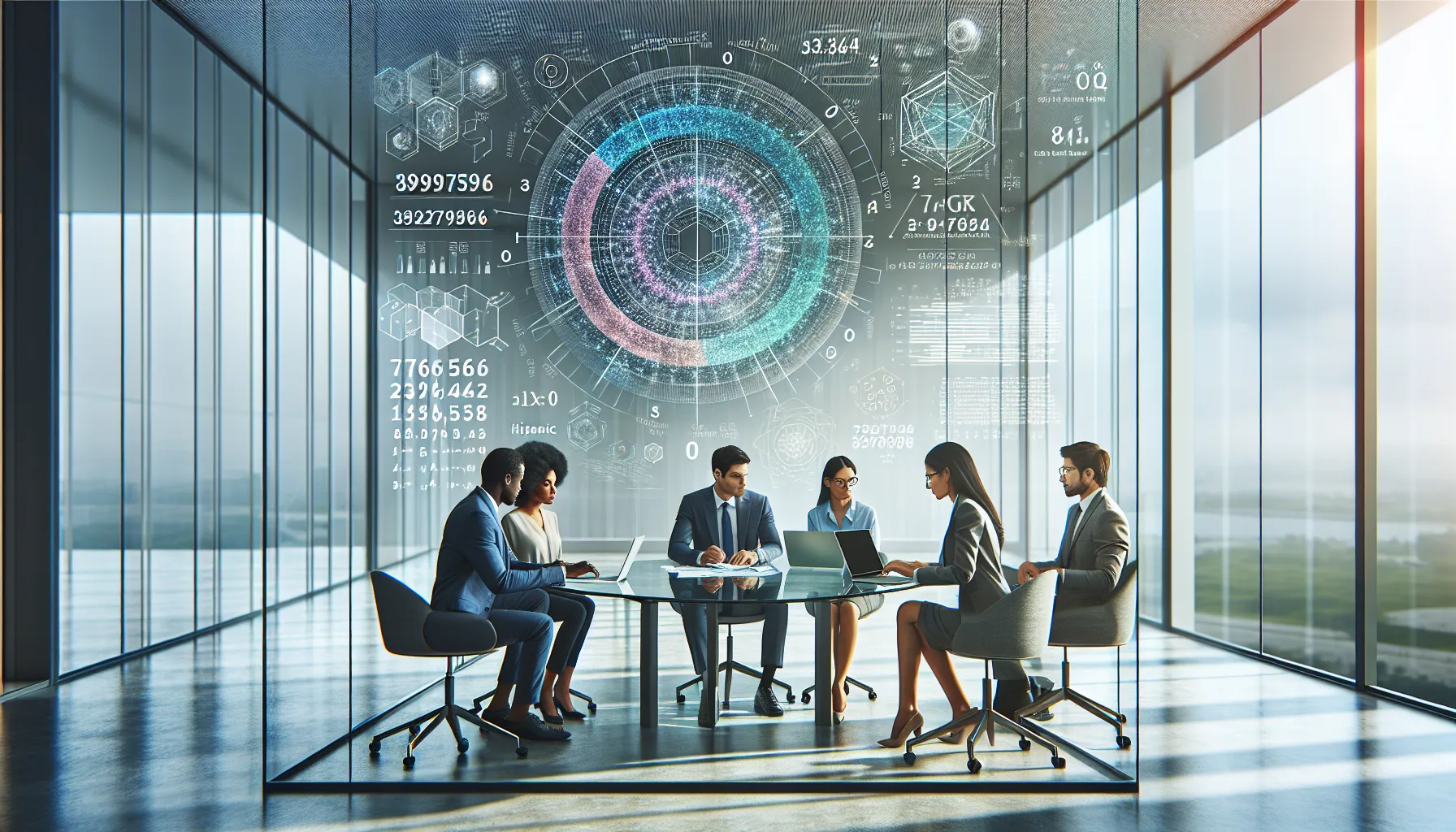 diverse professionals discussing numerical properties in a modern office.