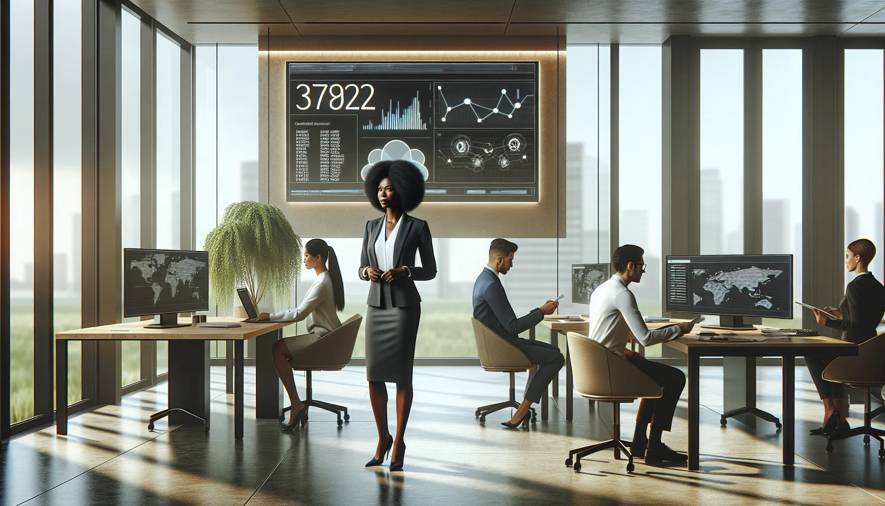 diverse team analyzing data in a modern office setting.