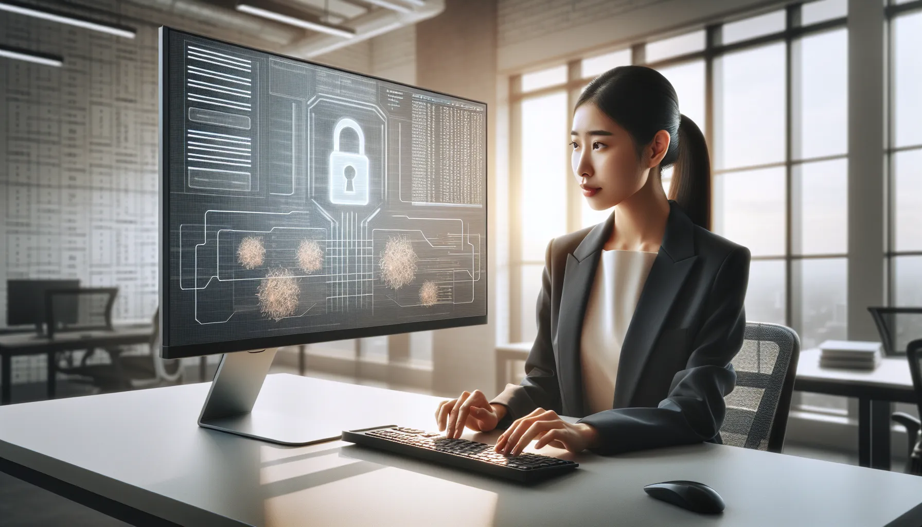 cybersecurity expert analyzing data in a modern office.