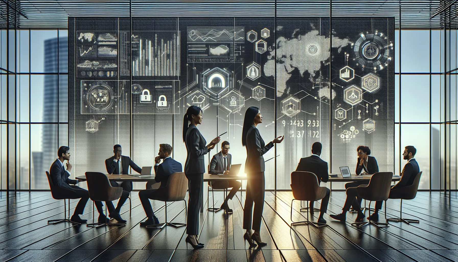 diverse team discussing data-driven technology in a modern office.